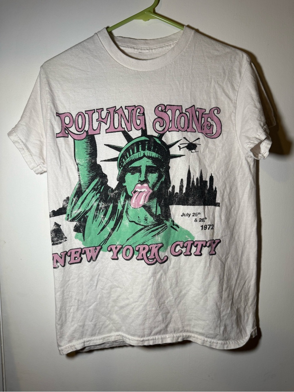 the Rolling Stones White Tee with Pink & Green Statue of Liberty Graphic